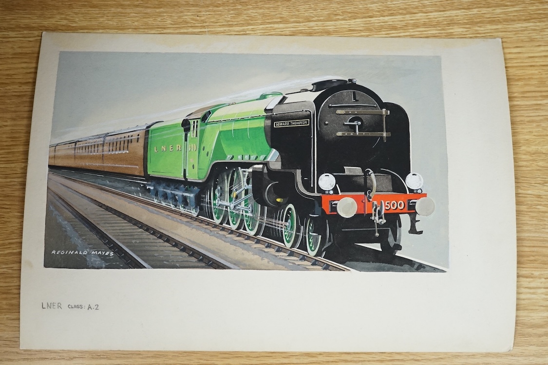 Reginald Mayes, set of three original gouaches for postcard designs, steam locomotives, comprising LNER Class Streamlined Pacific, SR Class West Country and LNER Class A2, each signed, 24 x 34cm, unframed, 24 x 34cm. Con
